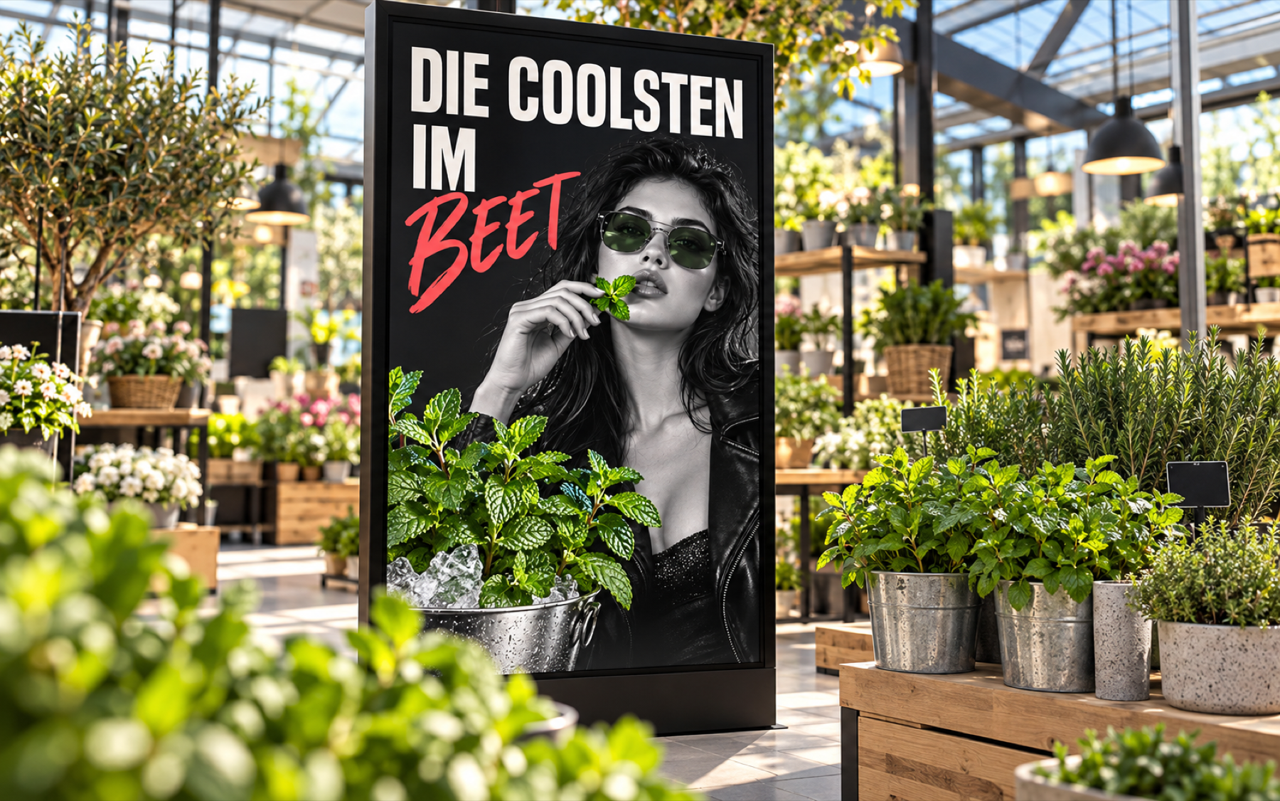 Large digital campaign screen among herbs in a modern garden centre