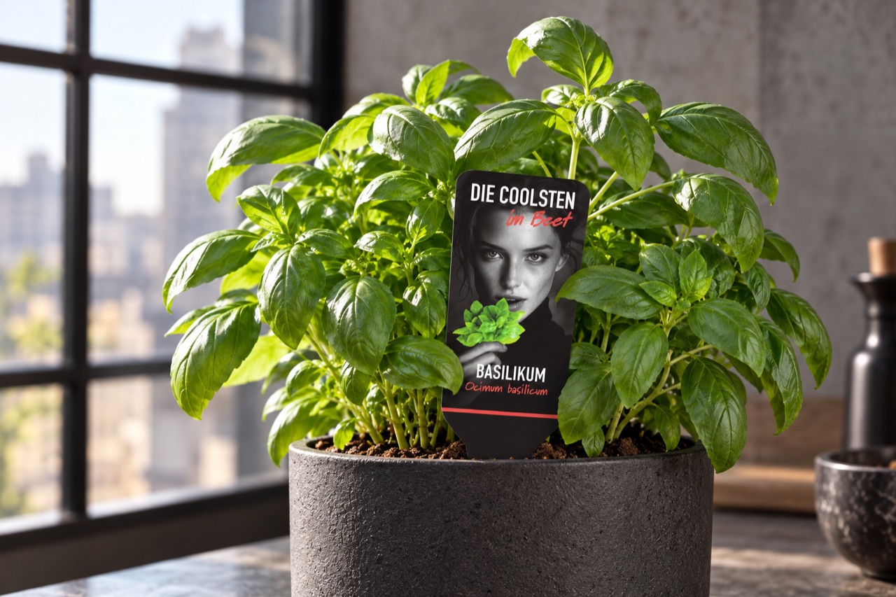 Basil in a pot with campaign label