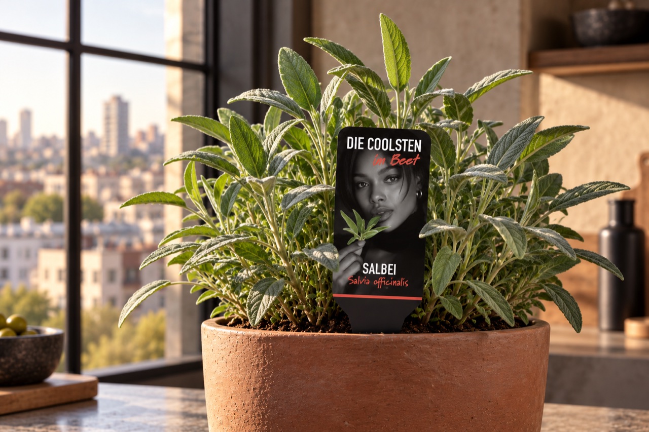 Sage in a pot with campaign label