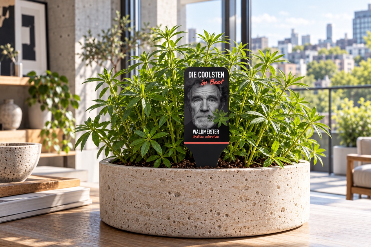 Sweet woodruff in a pot with campaign label